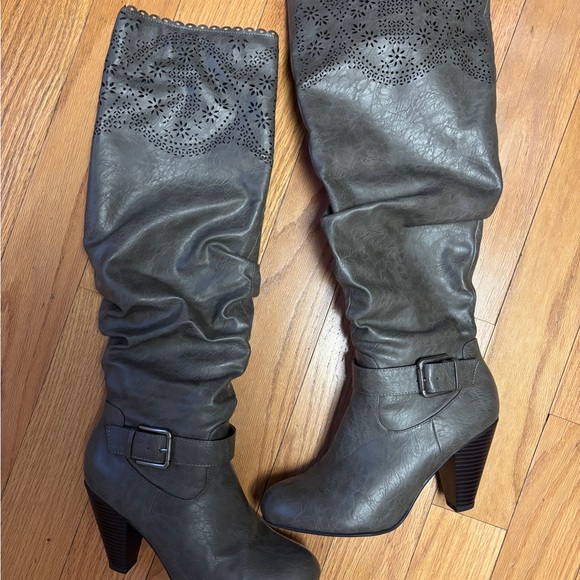 Shoes - Gray Knee-High Boots Cut Out Detail